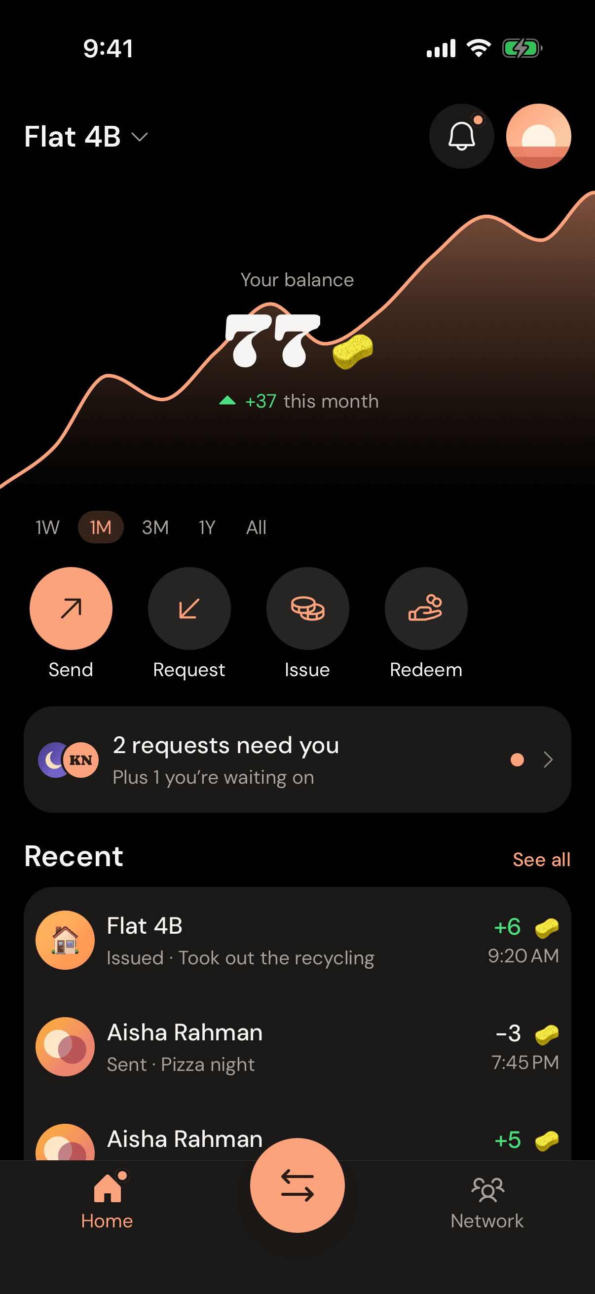 The iou home screen showing a network balance