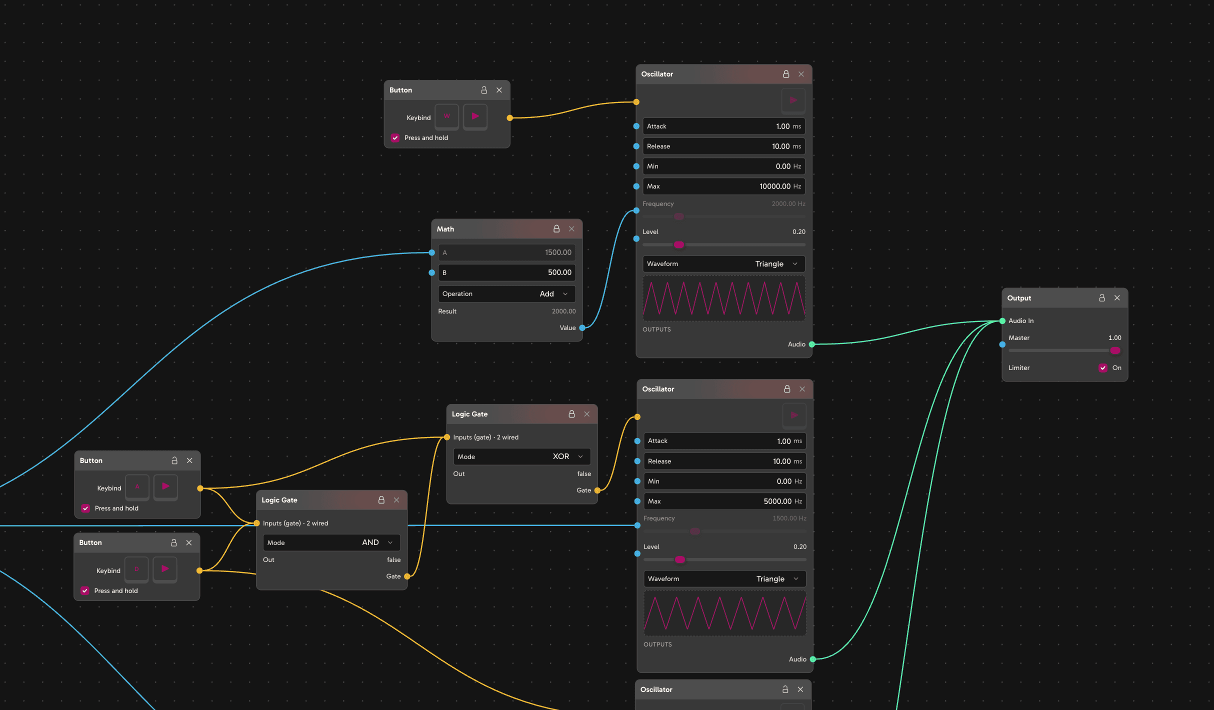 The Undertone canvas with oscillator and filter nodes wired together