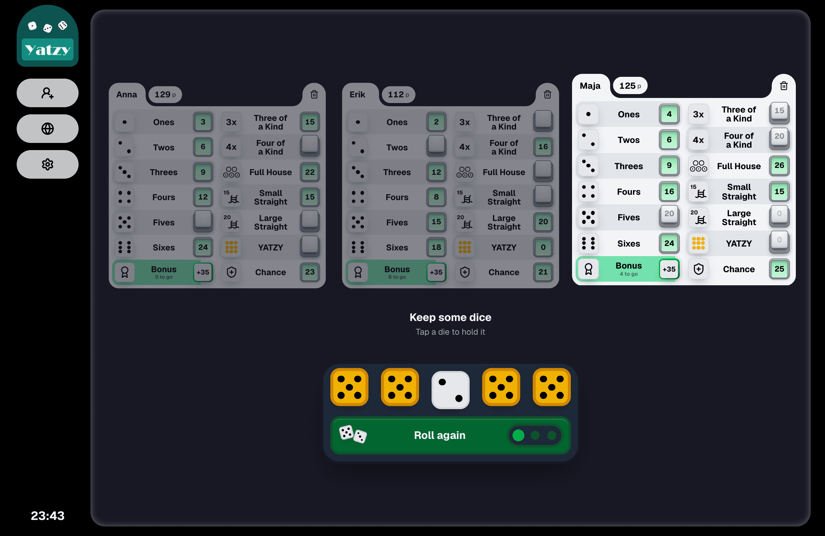 Three players side by side on the Yatzy scoresheet, four fives held with one roll left